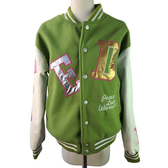 Editorial Department Green Pink Hearts Peace Love Wild World Varsity Jacket  Med - Picture 1 of 6